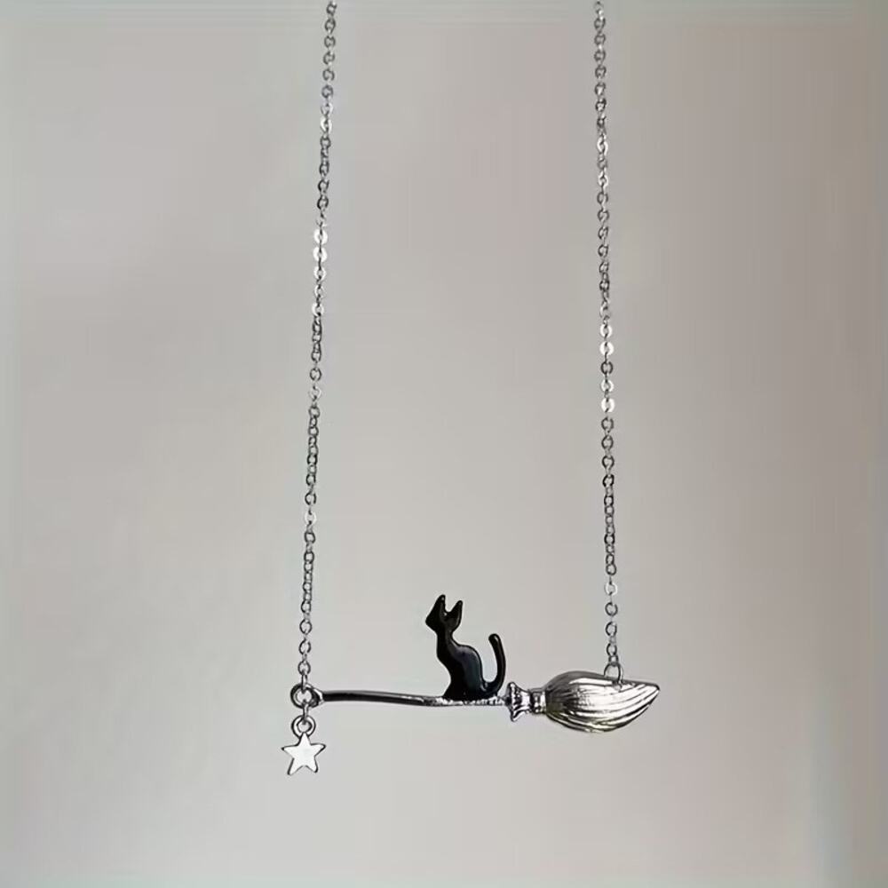 Black Kitty Cat Broom Necklace Silver Witch Pendant Star Charm Chain Jewelry - Picture 2 of 3
